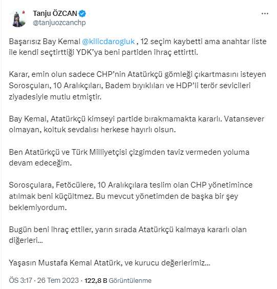 CHP'den ihraç edilen Tanju Özcan'dan ilk açıklama: Bay Kemal, Atatürkçü kimseyi partide bırakmamakta kararlı