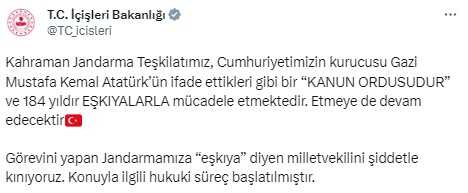 CHP'li Milletvekili Tanal'a İçişleri Bakanlığı'ndan Tepki: 'Görevini Yapan Jandarmamıza 'Eşkıya' Diyeni Kınıyoruz'