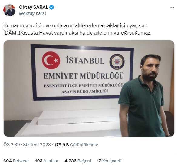 Esenyurt'taki saldırının ardından Cumhurbaşkanı Başdanışmanı Saral'dan 'idam' çıkışı: Kısasta hayat vardır Esenyurt'taki saldırının ardından Cumhurbaşkanı Başdanışmanı Saral'dan 'idam' çıkışı: Kısasta hayat vardır