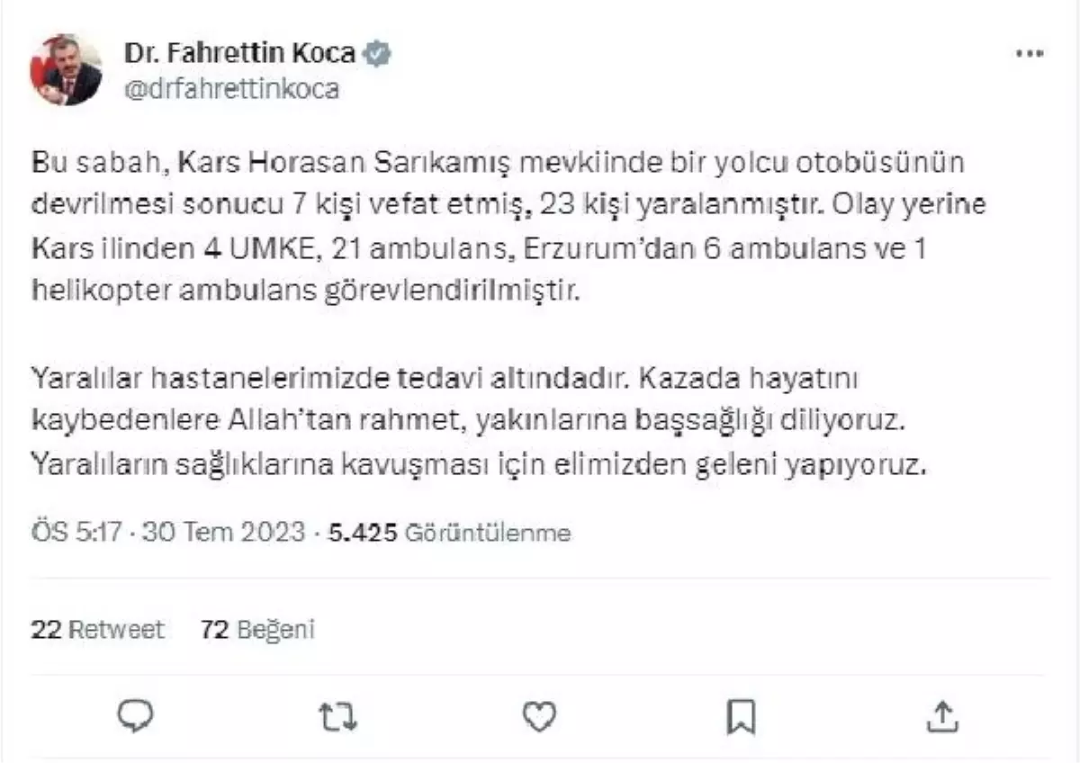 Bakan Koca'dan Kars'taki Otobüs Kazasıyla İlgili Açıklama