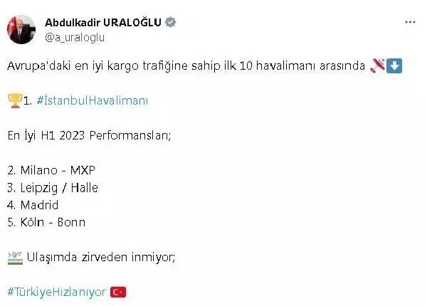 Ulaştırma Bakanı açıkladı: İstanbul Havalimanı Avrupa'da En İyi Kargo Trafiğine Sahip Ulaştırma Bakanı açıkladı: İstanbul Havalimanı Avrupa'da En İyi Kargo Trafiğine Sahip