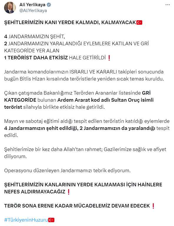 Bitlis'te çıkan çatışmada gri kategoride bulunan terörist etkisiz hale getirildi