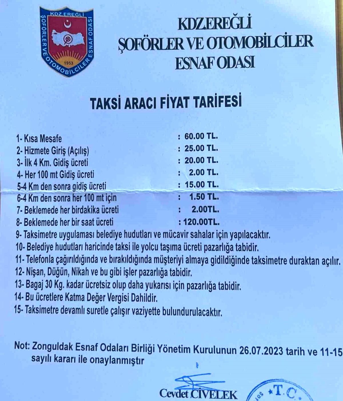 Zonguldak'ın Ereğli ilçesinde taksi ücretlerine zam yapıldı