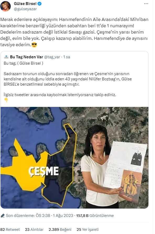 'Sadrazam torunuyum, Çeşme benim' diyen kadına benzetilen Gülse Birsel isyan etti: Çeşme'nin yarısı benim değil, evim bile yok