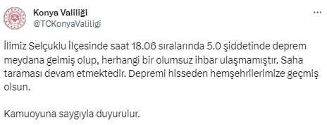 Son Dakika: Konya'da 5 büyüklüğünde deprem meydana geldi
