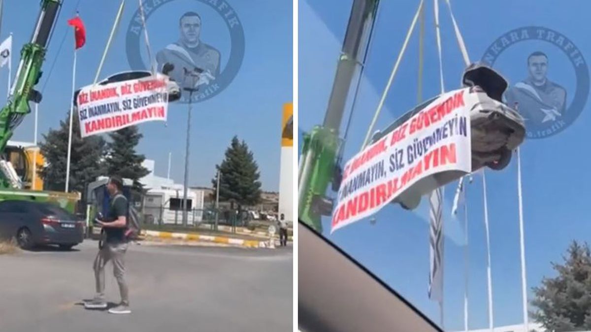 Araba firmasına sinirlenen kadın aracını vinçle bayi önüne astı