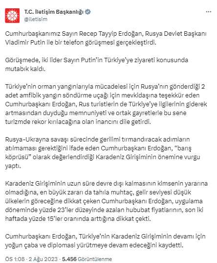 Cumhurbaşkanı Erdoğan ile Putin arasında kritik görüşme! Zirvenin ana gündem maddesi Tahıl Koridoru anlaşması