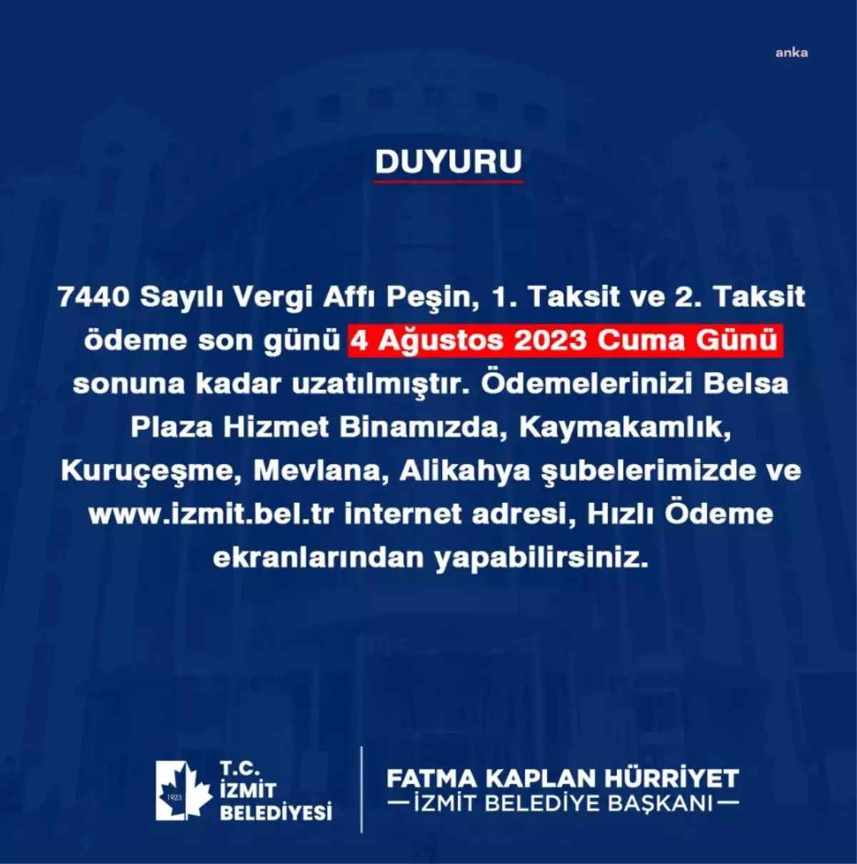 İzmit Belediyesi Borç Yapılandırması İçin Son Ödeme Tarihini Uzattı