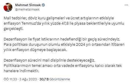 Son Dakika: Bakan Şimşek'ten yıllık enflasyonun yüzde 47,8'e çıkmasına ilk yorum: 2024 yılı ortasından itibaren düşmeye başlayacak