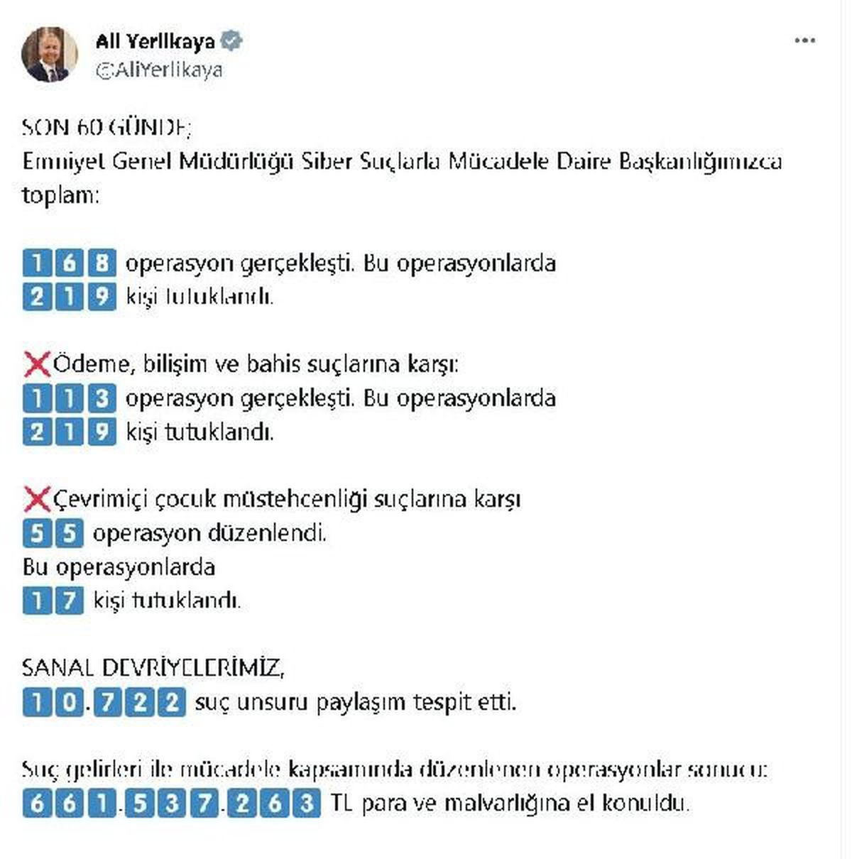 İçişleri Bakanı: 2 Ayda 219 Kişi Siber Suçlardan Tutuklandı