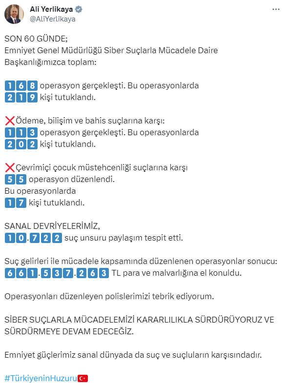 İçişleri Bakanı: 2 Ayda 219 Kişi Siber Suçlardan Tutuklandı İçişleri Bakanı: 2 Ayda 219 Kişi Siber Suçlardan Tutuklandı