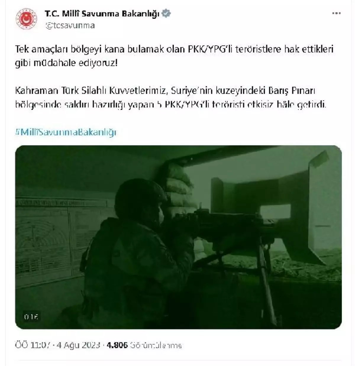 MSB: Barış Pınarı Harekatı bölgesinde 5 PKK/YPG'li terörist etkisiz hale getirildi