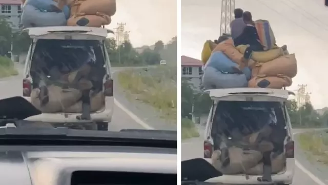 Çay yüklü aracın üzerinde tehlikeli yolculuk kamerada Çay yüklü aracın üzerinde tehlikeli yolculuk kamerada