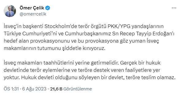 AK Parti Sözcüsü Çelik'ten İsveç'e sert tepki: Erdoğan'ı hedef alan provokasyonu kınıyoruz AK Parti Sözcüsü Çelik'ten İsveç'e sert tepki: Erdoğan'ı hedef alan provokasyonu kınıyoruz