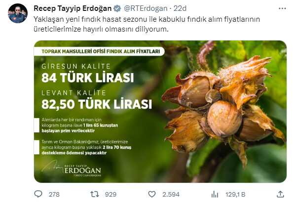Son Dakika: Fındık alım fiyatı Giresun kalite için 84 lira, Levant için 82,50 lira olarak belirlendi