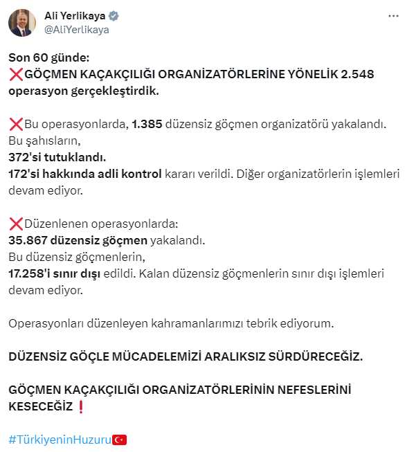 İçişleri Bakanı Yerlikaya: Son 60 günde 17 bin 258 düzensiz göçmen sınır dışı edildi