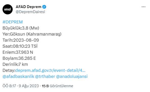Kahramanmaraş deprem mi oldu? SON DAKİKA! 9 Ağustos Kahramanmaraş deprem şiddeti ne?