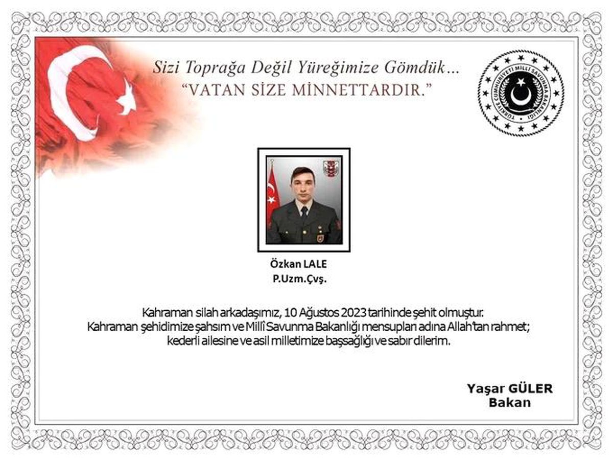Pençe-Kilit Operasyonunda Şehit Olan P. Uzm. Çvş. Özkan Lale Açıklandı