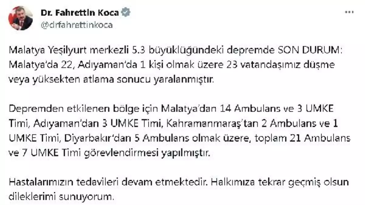 Malatya'da Deprem Sonucu 23 Kişi Yaralandı