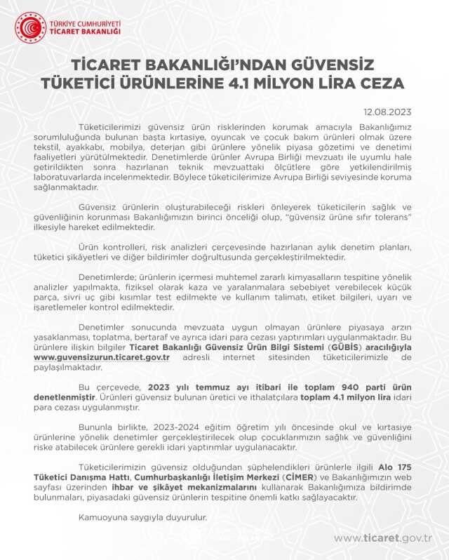 Ticaret Bakanlığı'ndan ürünleri güvensiz bulunan firmalara 4.1 milyon lira ceza