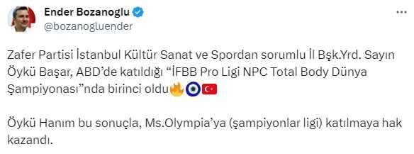 Zafer Partisi İl Başkan Yardımcısı Öykü Başar, vücut geliştirmede dünya şampiyonu oldu Zafer Partisi İl Başkan Yardımcısı Öykü Başar, vücut geliştirmede dünya şampiyonu oldu