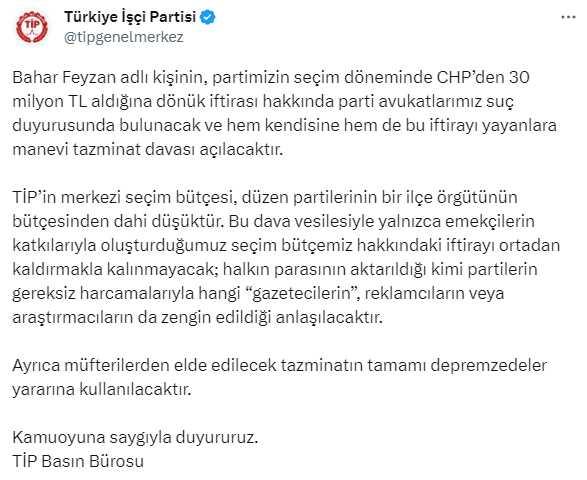 'CHP, TİP'e 30 milyon lira verdi' iddiası ortalığı karıştırdı! Tazminat davası açacaklar 'CHP, TİP'e 30 milyon lira verdi' iddiası ortalığı karıştırdı! Tazminat davası açacaklar