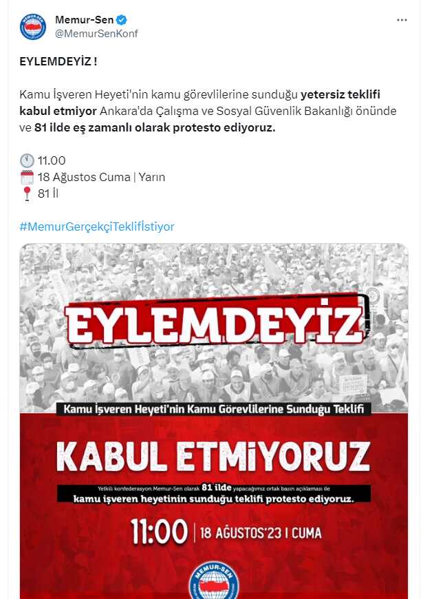 Hükümetin ikinci teklifinden de memnun kalmayan Memur-Sen'den 81 ilde eylem kararı