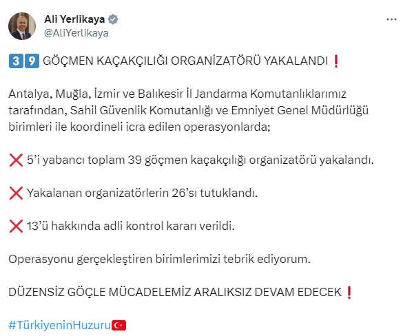 Son Dakika! 4 ildeki operasyonlarda 39 göçmen kaçakçılığı organizatörü yakalandı, 26'sı tutuklandı Son Dakika! 4 ildeki operasyonlarda 39 göçmen kaçakçılığı organizatörü yakalandı, 26'sı tutuklandı