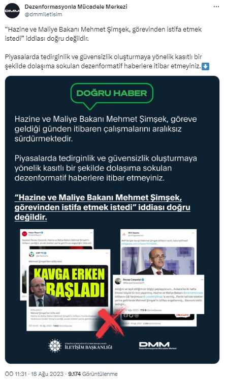 Dezenformasyonla Mücadele Merkezi, Mehmet Şimşek'in istifa ettiğine yönelik iddiaları yalanladı Dezenformasyonla Mücadele Merkezi, Mehmet Şimşek'in istifa ettiğine yönelik iddiaları yalanladı