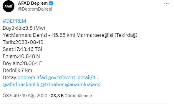 Marmara Denizi'nde Tekirdağ açıklarında 3.8 büyüklüğünde deprem