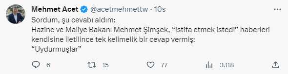 Mehmet Şimşek'ten kendisiyle ilgili istifa iddialarına tek kelimelik yanıt: Uydurmuşlar Mehmet Şimşek'ten kendisiyle ilgili istifa iddialarına tek kelimelik yanıt: Uydurmuşlar