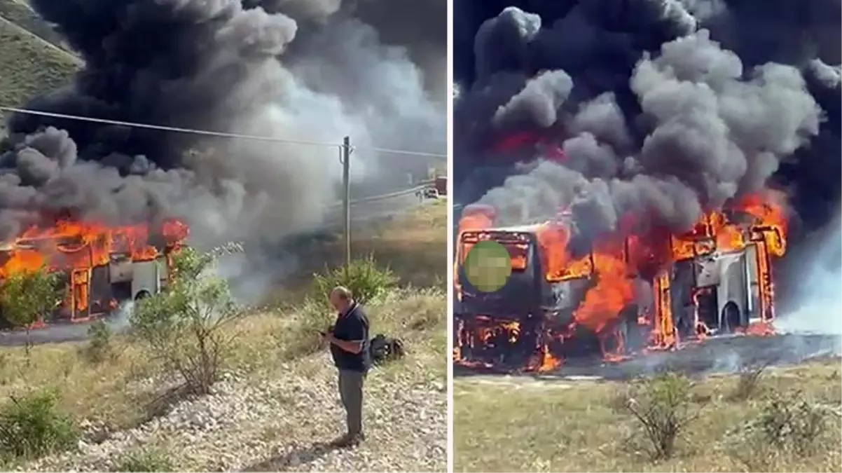 Erzurum'da yolcu otobüsü alev alev yandı! O anlar kameraya yansıdı
