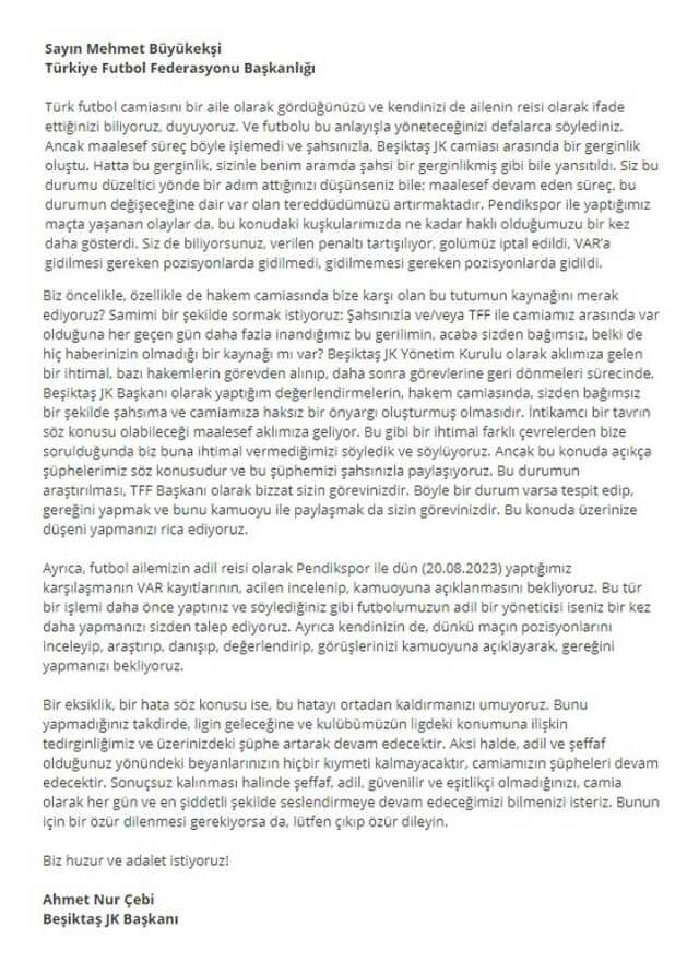Hedeflerinde Pendikspor maçı var! Beşiktaş'tan TFF'ye mektup