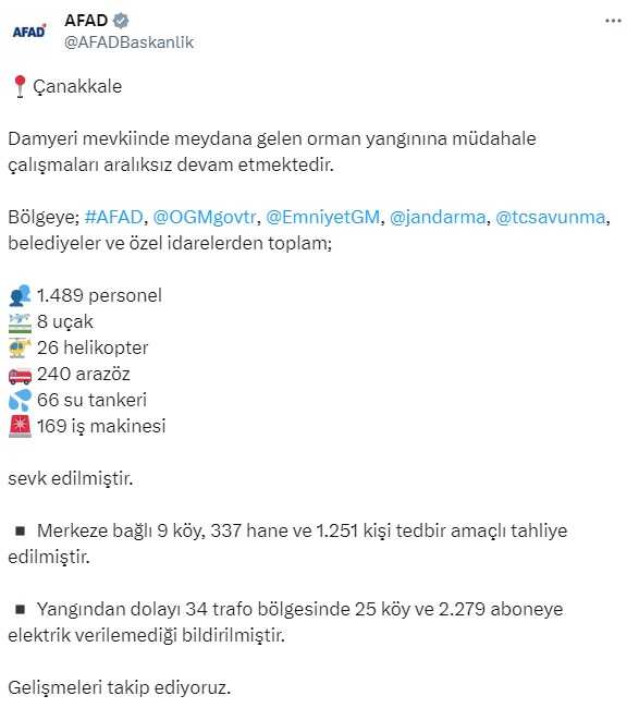 AFAD: Çanakkale'deki yangına bin 489 personel, 8 uçak, 26 helikopter sevk edildi