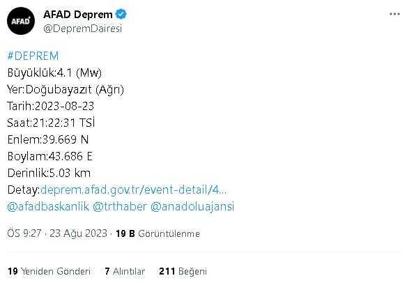 Ağrı'da deprem mi oldu? 23 Ağustos 2023 Ağrı'da nerede deprem oldu? 23 Ağustos Ağrı'da kaç büyüklüğünde deprem oldu? Merkez üssü neresi?