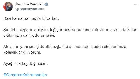 Bakan Yumaklı'dan yangında mücadele eden kahramanlara övgü