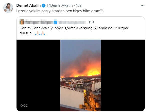 Demet Akalın'dan Çanakkale'deki orman yangınına ilginç tespit: Ağaçlar Lazerle yukarıdan yakıldı Demet Akalın'dan Çanakkale'deki orman yangınına ilginç tespit: Ağaçlar Lazerle yukarıdan yakıldı