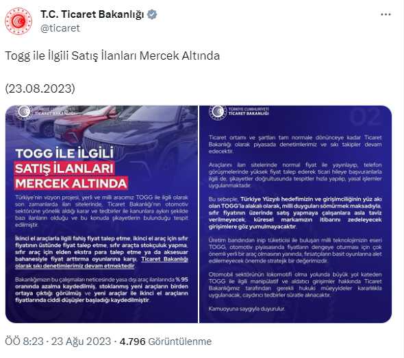 Ticaret Bakanlığı'ndan Togg'la ilgili satış ilanlarına inceleme