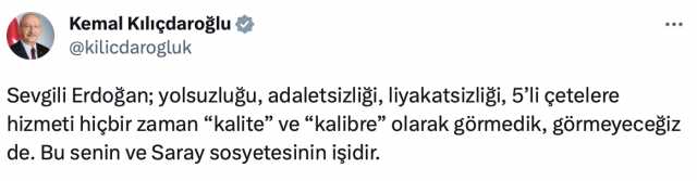 Kılıçdaroğlu'ndan Erdoğan'a yanıt: 5'li çetelere hizmeti hiçbir zaman kalite ve kalibre olarak görmedik Kılıçdaroğlu'ndan Erdoğan'a yanıt: 5'li çetelere hizmeti hiçbir zaman kalite ve kalibre olarak görmedik