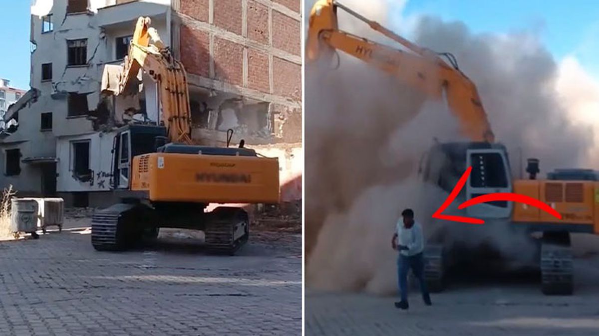Ağır hasarlı bina tek dokunuşla yıkıldı, operatör kepçeyi bırakıp böyle kaçtı