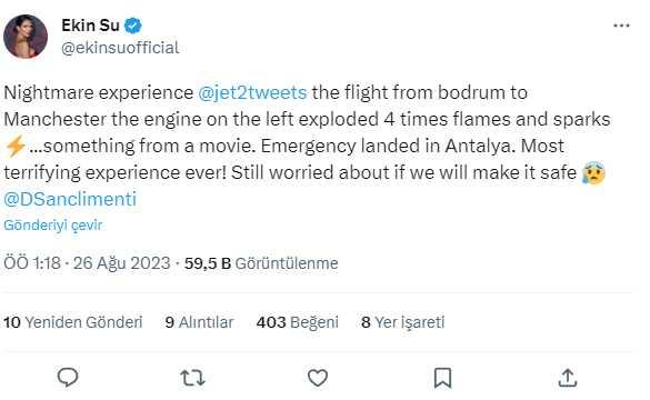 Aşk Adası'nın yıldızı Ekin Su Cülcüloğlu'nun bindiği uçağın motoru alev aldı Aşk Adası'nın yıldızı Ekin Su Cülcüloğlu'nun bindiği uçağın motoru alev aldı