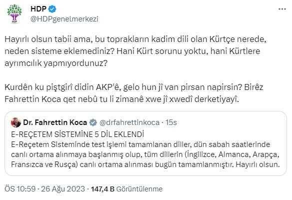 e-Reçete sistemine 5 dil eklendi, HDP Kürtçe'nin olmamasına tepki gösterdi: Hani Kürt sorunu yoktu? e-Reçete sistemine 5 dil eklendi, HDP Kürtçe'nin olmamasına tepki gösterdi: Hani Kürt sorunu yoktu?