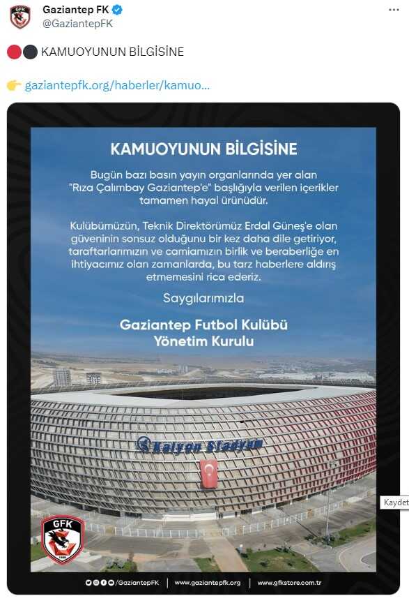 Gaziantep FK, Rıza Çalımbay haberlerini yalanladı: Tamamen hayal ürünü