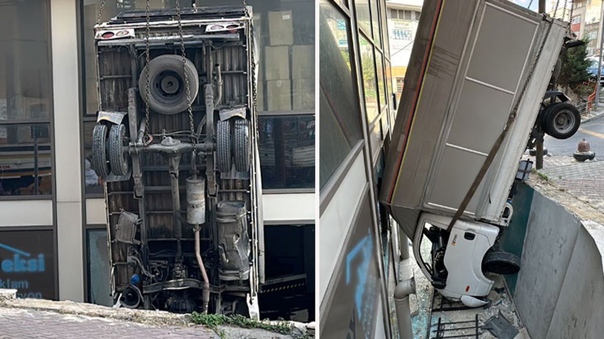 Kontrolden çıkan kamyonet bina boşluğuna uçtu, ortalık savaş alanına döndü