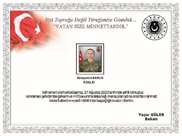 Pençe-Kilit bölgesinde 1 asker arazide düşerek şehit oldu