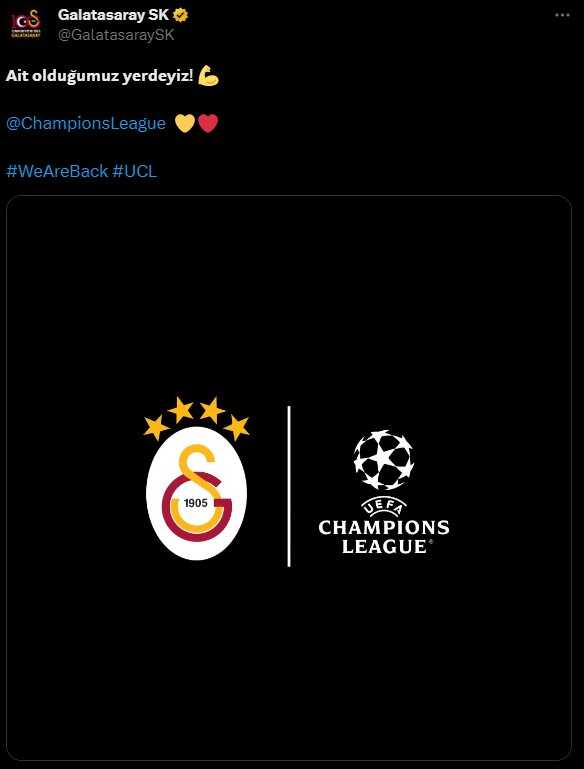 4 yıl aradan sonra Şampiyonlar Ligi'ne katılan Galatasaray'dan ilk paylaşım: Ait olduğumuz yerdeyiz
