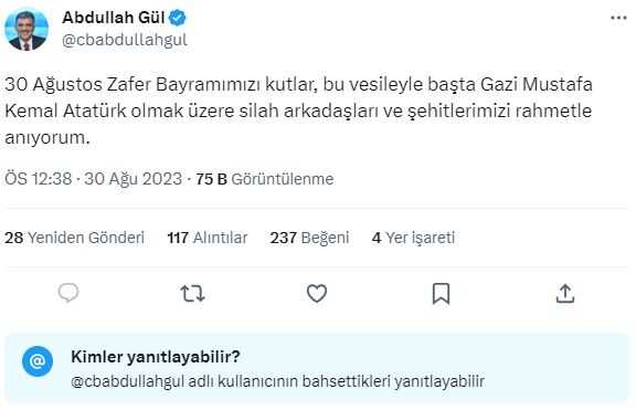 Abdullah Gül, 30 Ağustos'u yorumları kapatarak kutladı Abdullah Gül, 30 Ağustos'u yorumları kapatarak kutladı