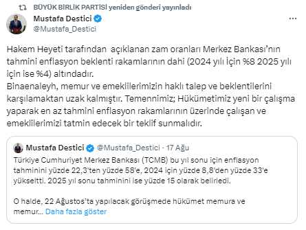 Memur zammını yetersiz bulan BBP lideri Destici'den hükümete çağrı: Yeni bir çalışma yapılmalı Memur zammını yetersiz bulan BBP lideri Destici'den hükümete çağrı: Yeni bir çalışma yapılmalı