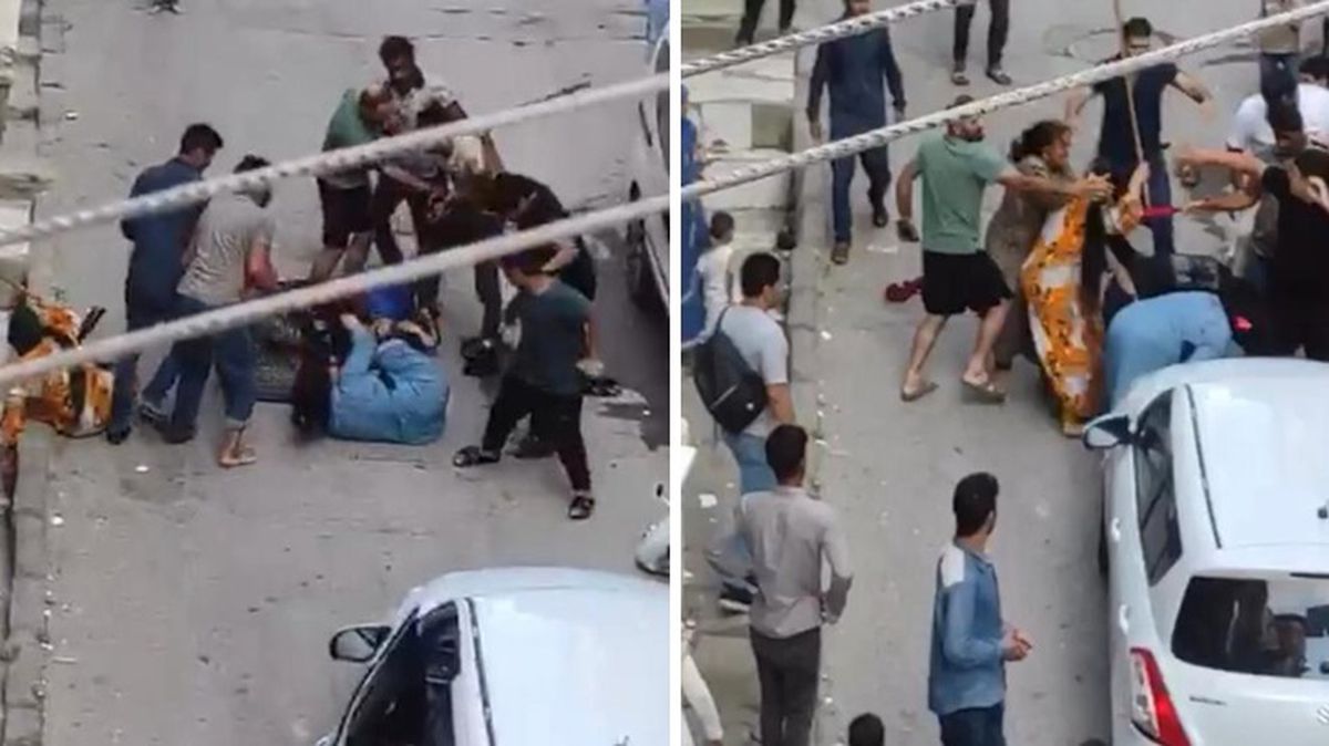 Satırlı ve sopalı meydan kavgası kamerada! Kadını yerde sürükleyip dövdüler