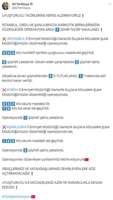 Yerlikaya operasyonun görüntülerini paylaştı! İstanbul, Ordu ve Şanlıurfa'da 7 zehir taciri böyle yakalandı